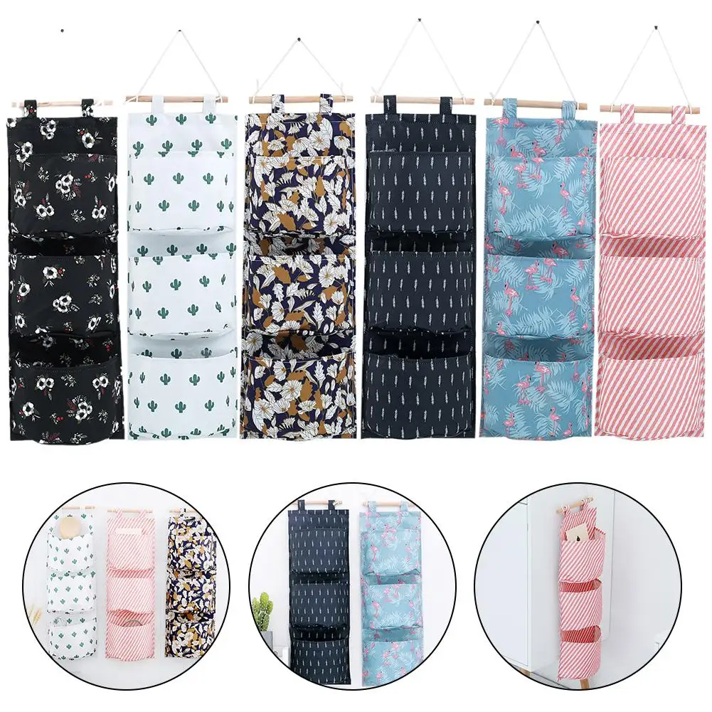 

Oxford cloth Printing Hanging Storage Bag 3 Pockets Wall Mounted Wardrobe Hang Bag Wall Pouch Cosmetic Toys Organizer