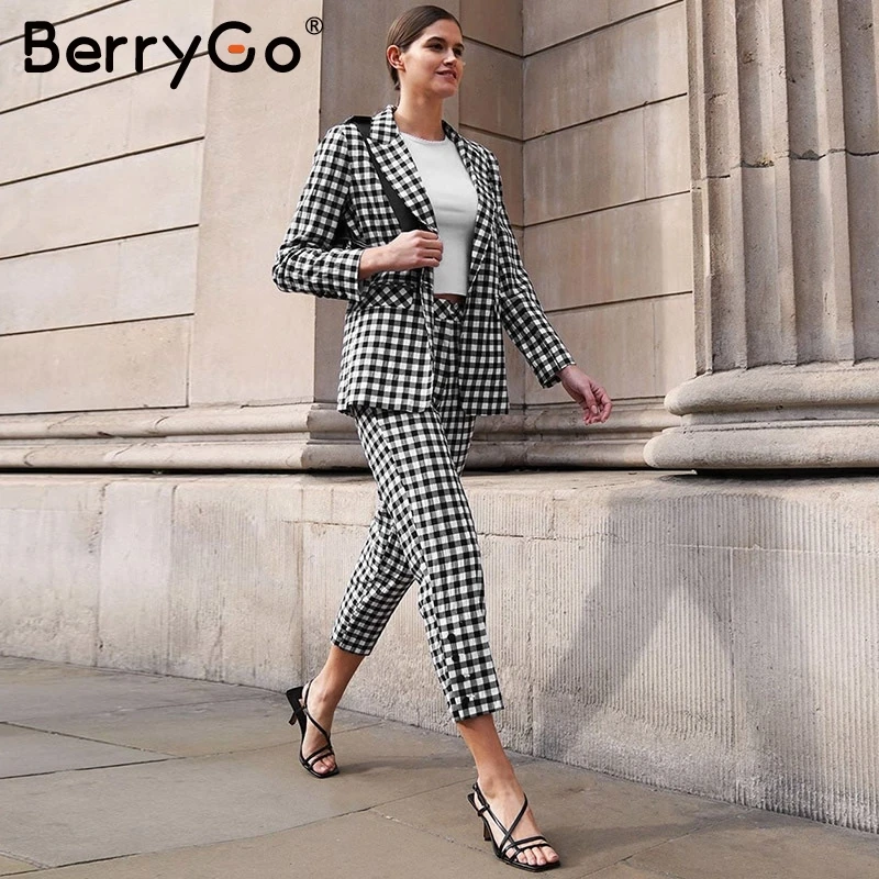BerryGo элегантный офисный женский клетчатый Блейзер костюм Повседневный на молнии