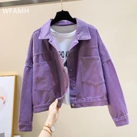 solid turn down collar jean jacket for women loose casual purple fashion coats korean style female denim short top feminine