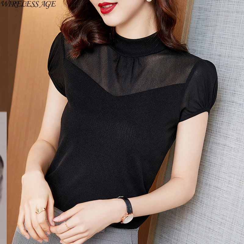 

WIRELESS AGE T Shirt Women Short Sleeve Round Neck Solid Black Color Mesh Slim Fit Stretch Commute Tops New Summer Fashion Wild