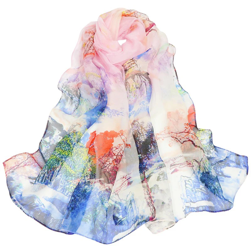 

Elifashion Women Matched Watercolor Landscape Scarf Long Soft Wrap Ladies Georgette Scarves Luxury Shawl Warm & Fashion In Wint