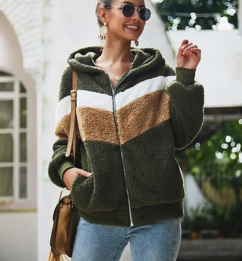 

Fleece Hooded Jackets Coats Autumn Winter New Outwear Women's Long Sleeve Splice Teddy Jacket Zipper Faux Fur Coat 2020 outwear
