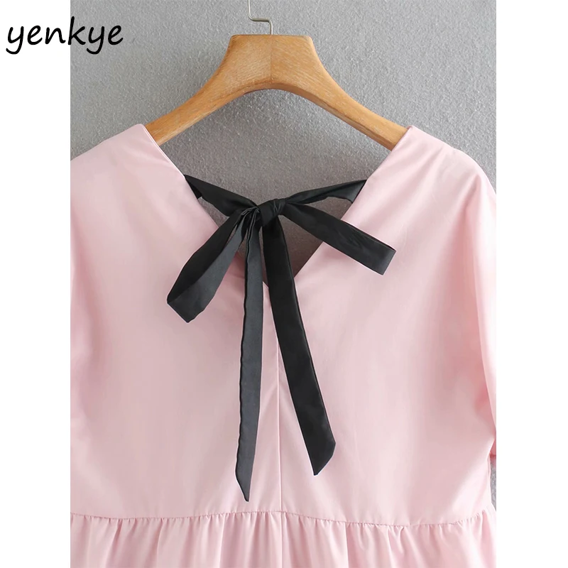 

Sweet Solid Color Autumn Women Back Bow Tie V Neck Short Sleeve High Waist A-line Dress Casual vestido CCWM9887