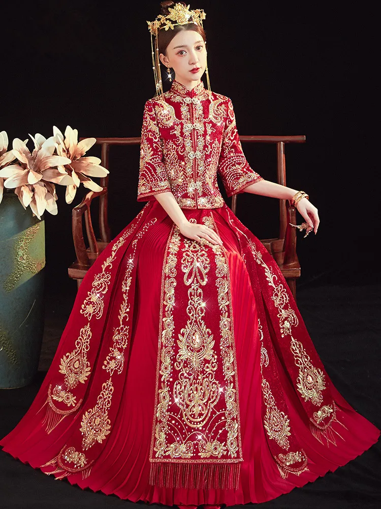 

Oversize 6XL Chinese Embroidery Cheongsam Wedding Dress Vintage Qipao Suit Noble Married Gift Classic Toast Clothing