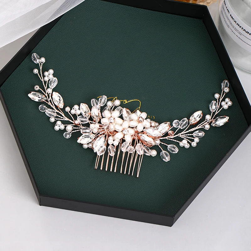 

Fashion Rose Gold Wedding Hair Comb Flower Tiara Handmade Pearl Rhinestone Headdress Prom Bridal Hair Jewelr Accessories 2021