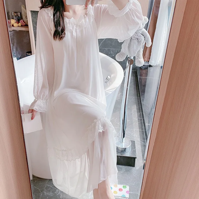 

Новинка Осенняя женская ночная рубашка из модала одежда для сна Повседневная кружевная ночная рубашка свободная ночная рубашка интимное б...