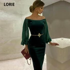 Женское вечернее платье LORIE, изумрудно-зеленое вельветовечерние платье с вышивкой из бисера и поясом, длинными рукавами, платье-Русалка для выпускного
