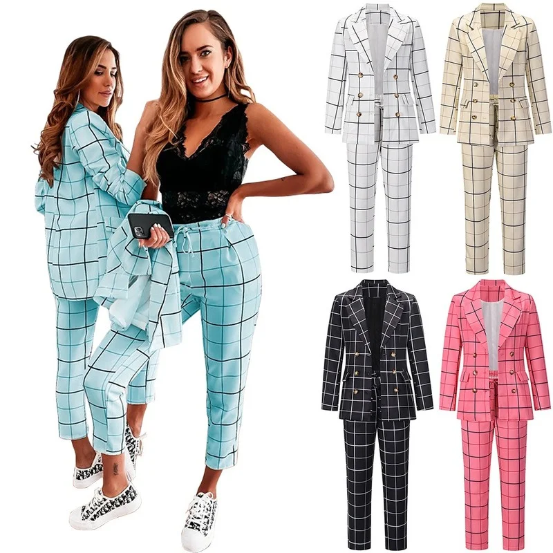 

Casual Fashion Trousers Suit Double Row Button Down Lapel Coat Plaid Jacket Trousers Suit with Pocket for Autumn and Winter
