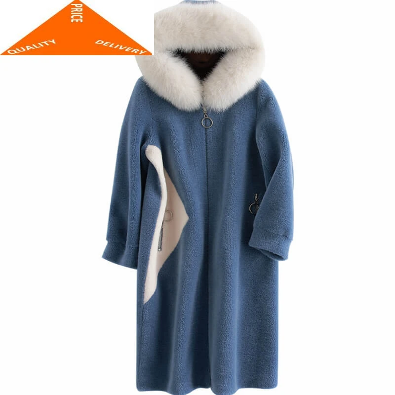 

Овечья шерсть, женская зимняя стрижка + большой Лисий мех, с капюшоном, Коран, Настоящая Шерсть, пальто, толстая Waem куртка B99F26408