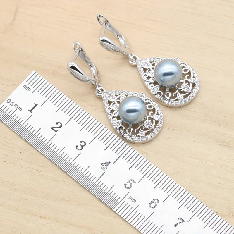 Классические серые жемчужные Серебристые серьги ожерелье кольцо с подвеской