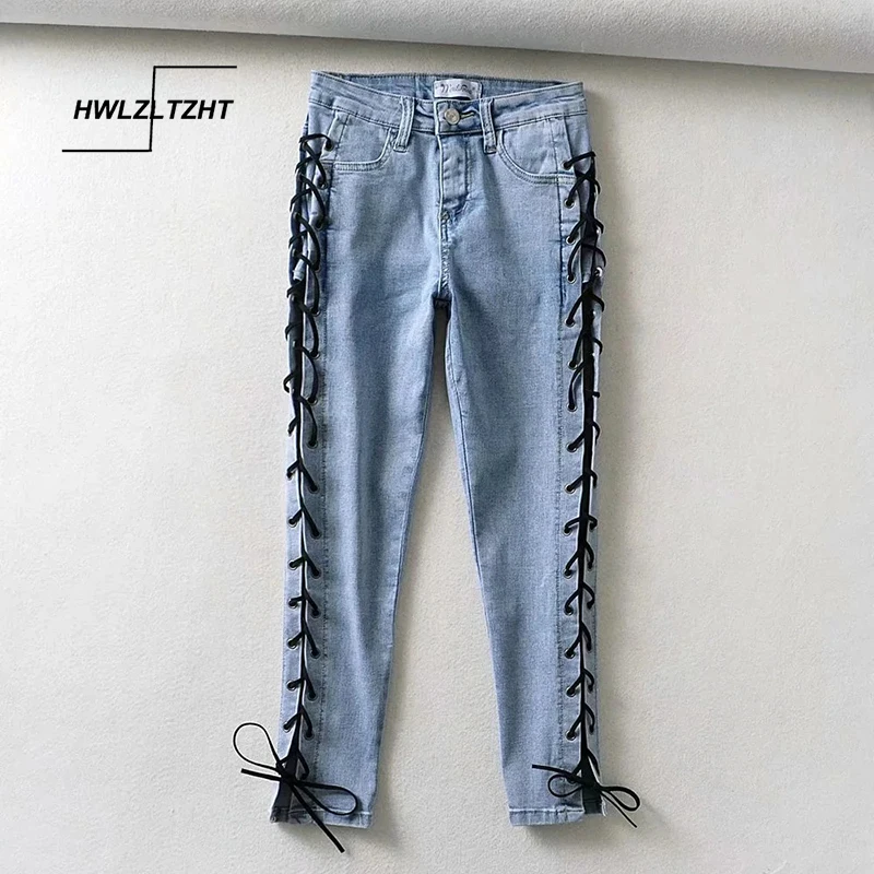 

HWLZLTZHT High Waist Bandage Jeans Female Sexy Hollow Out Denim Pants 2020 Autumn and Winter Slim Feet Pants