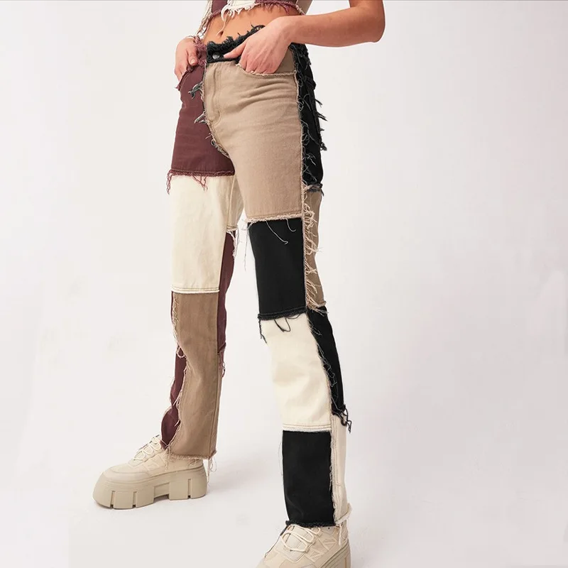 

2021 European and American trend dark stitching women's clothing ordinary stitching black brown straight jeans mid-rise pants