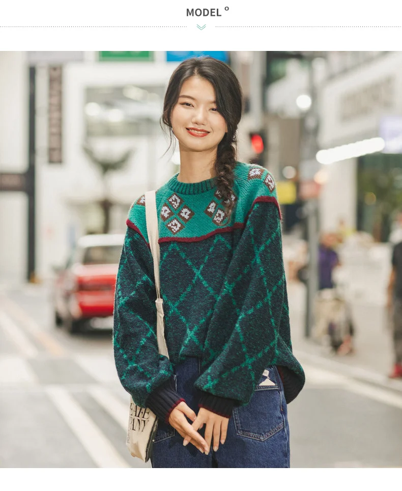 INMAN Winter New Arrival Literary O-neck Jacquard Contrast Color Thick Loose Women Pullover