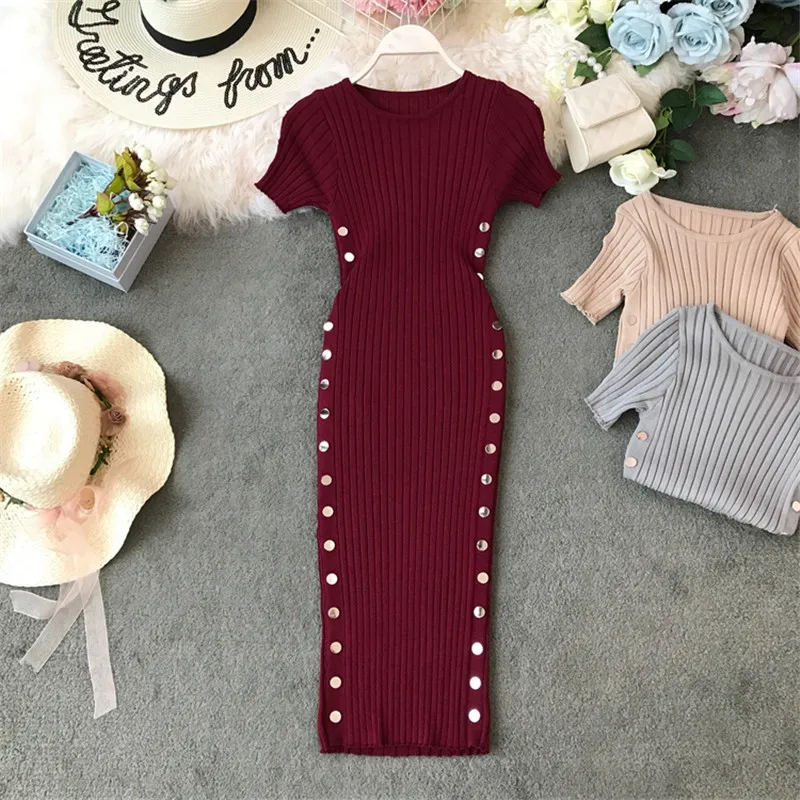 

2020 Summer Knitting Dress Stretch O-neck Short Sleeve Vestidos Slim Sexy Bodycon Buttoms High Waist Long Dress