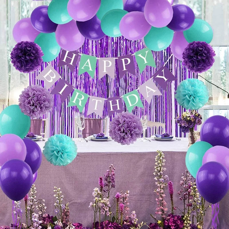 

33 pcs Dark Purple Mint Green Birthday Banner Paper Pom Poms Latex Balloon Set Mermaid Unicorn Theme Birthday Party Decorations