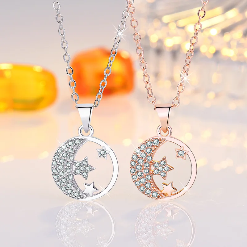 

New Women's Sterling Silver Rose Gold Zircon Star Moon Pendant Necklace Fashion Trend Jewelry Gift A214