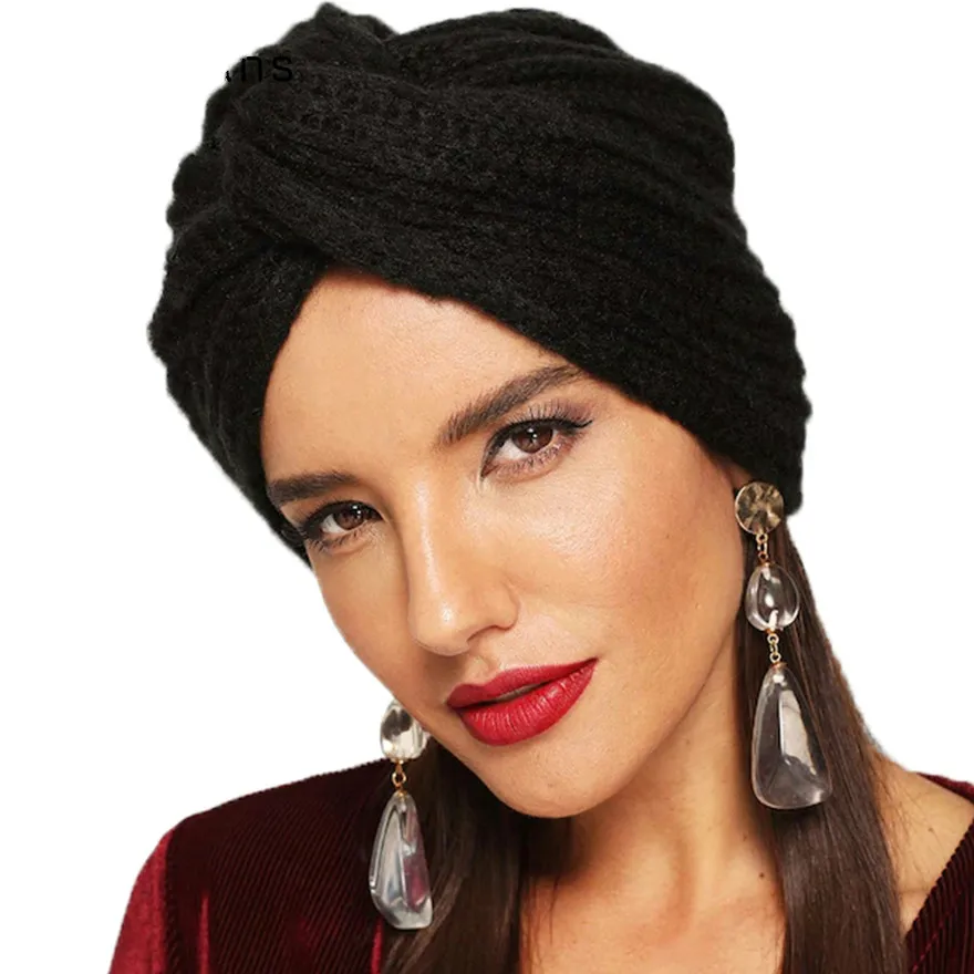 Новые банданы-турбаны с узлом 2023 осень-зима теплые вязаные шапочки для женщин с перекрестьем по центру волосы.