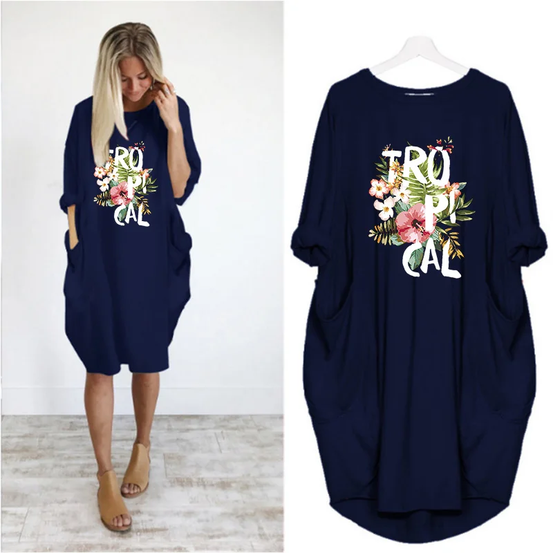 

2020 Women's Dress Letter Vintage Print Long Sleeve Casual O Neck Pocket Beach Loose Plus Size 5XL Woman Dresses Vestidos Robes