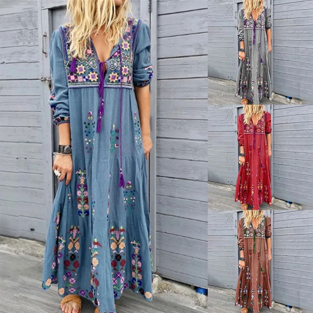 Осень длинное платье для женщин Bobo Цветочный принт повседневные футболки с