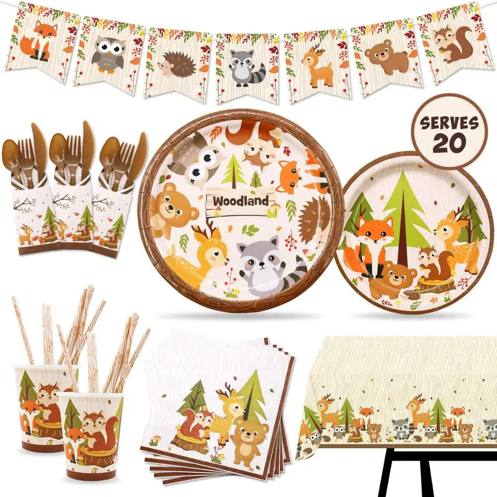 

Best Selling Forest Animals Fox Disposable Birthday Set Cut-in Cups Plates Forest Series Party Decoration Supplies