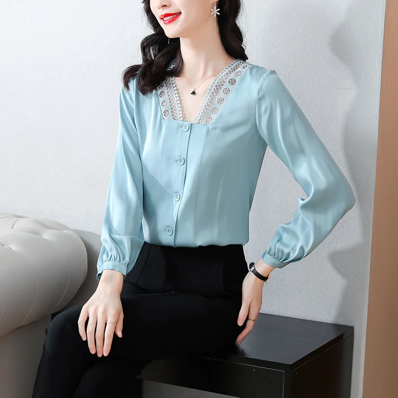 

Chiffon Women's Blouse Lace Girl's Shirt Summer Loose Solid V-neck Fashion Casual Long Sleeve Top Office Lady Blusas Houthion