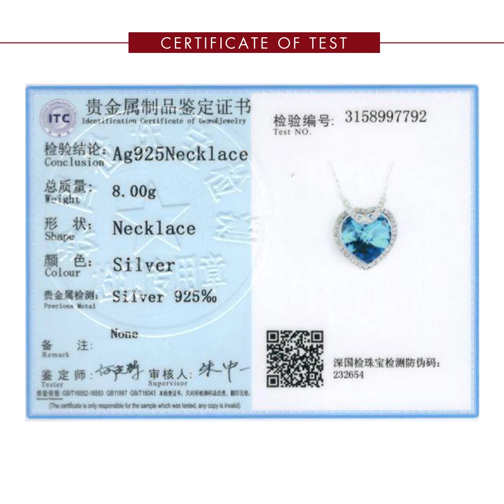

SILVERHOO Cute Heart Pendant Necklaces Sterling Silver 925 Jewelry Blue Austria Crystal Necklace Women Engagement Gift Hot Sale