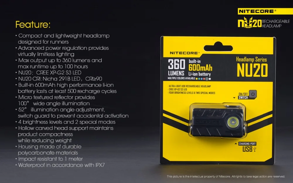 NITECORE NU20 легкая перезаряжаемая фара XP-G2 S3 max 360 люмен луч бросок 80 метров наружный налобный фонарь встроенный аккумулятор