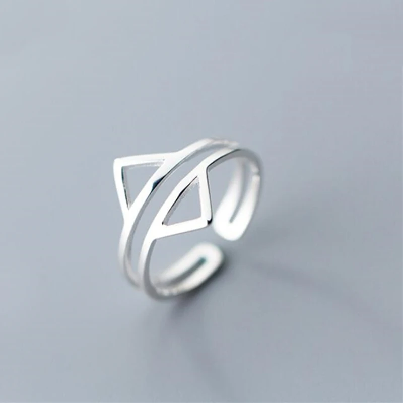 

2019 New 100% 925 Sterling Silver Rings Solid Double Layer Triangles Cocktail Ring Sizable Gift Women Girls Lady