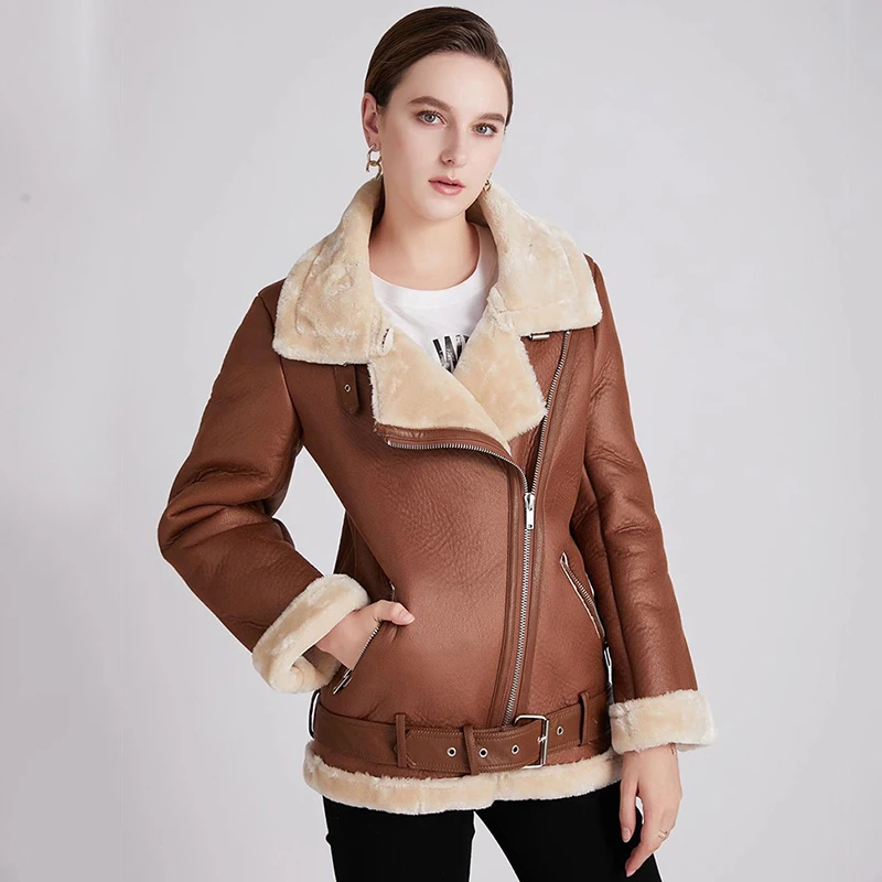 Trendy New Women Winter Lambs Wool Parkas Fur Collar Zipper Jacket Warm Thick Outerwear Faux Lamb Leather Coat Moto Outwear