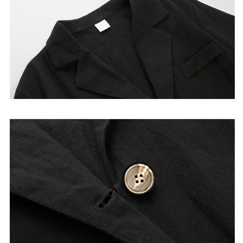 

Lauri Laki Black Short Sleeve Blazer Women Elegant Office Lady Single-breasted Vintage Outerwear Cotton Linen Blazer 2021