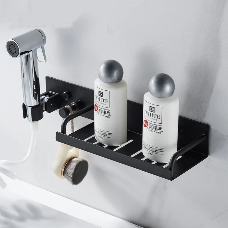 

Space Aluminum Punch-Free Shower Seat Hand Spray Bracket Multi-Function Shelf Shower Bracket Black Base Wall Seat Paint