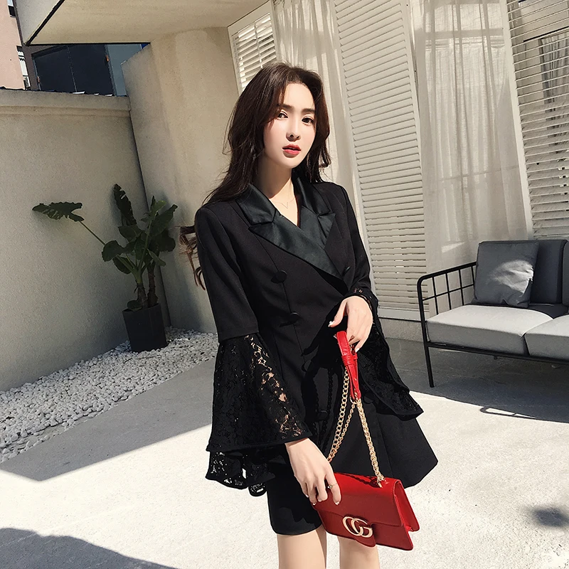 

DEAT 2021 new spring and summer fashion women clothes notched collar flare sleeves lace patchwork high waist double breasted