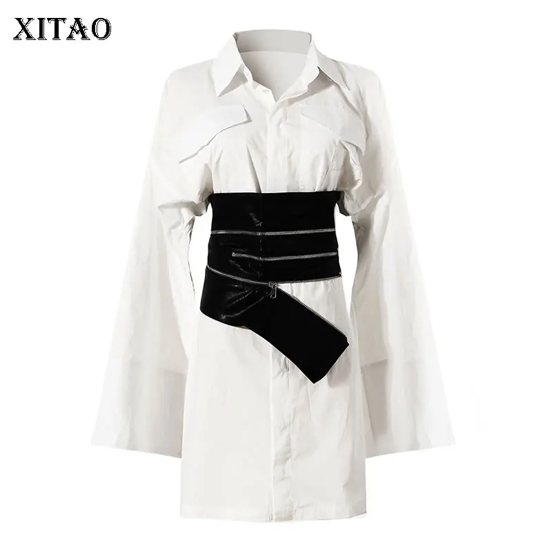 

XITAO Solid White Women Long Shirt Simplicity Fashion Turn-down Collar Temperament Shirt Dress 2021 Autumn Winter New LDS0117