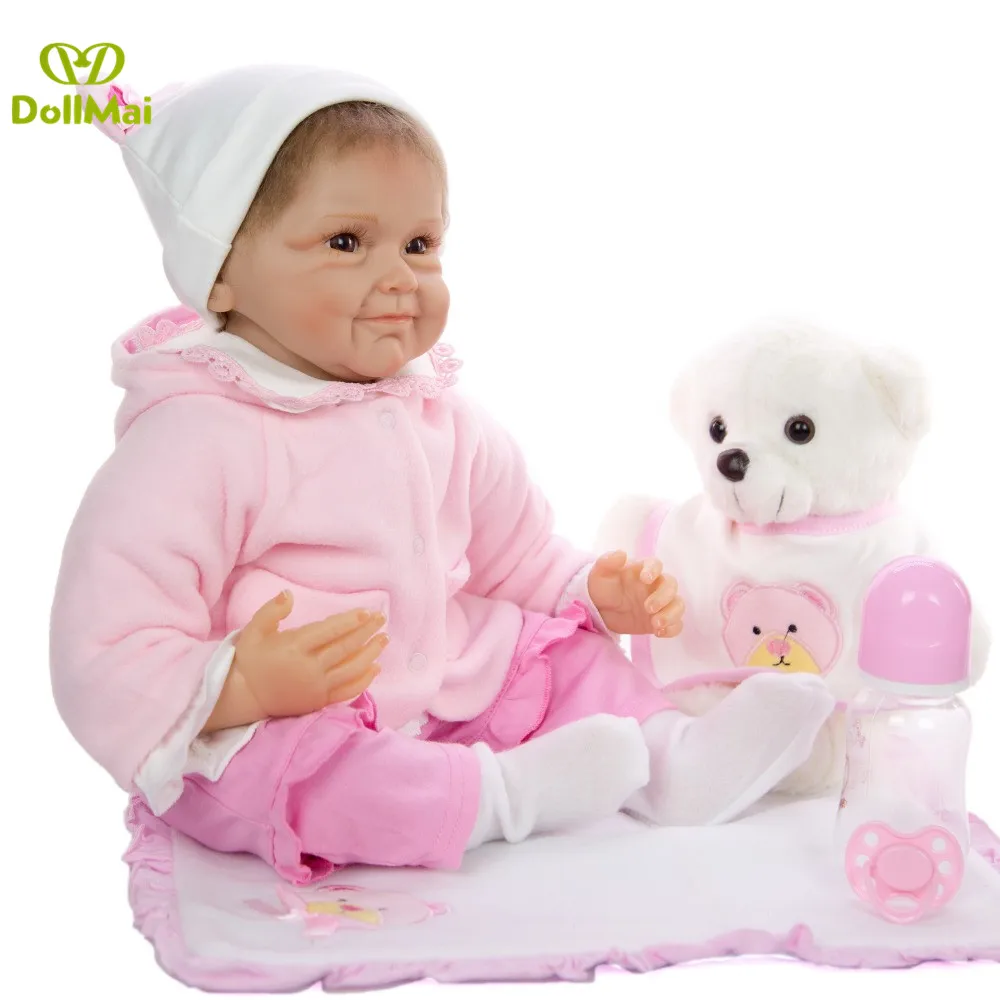 22" bebe doll reborn babies with pink cartoon bear clothes silicone dolls children Christmas gift toys bonecas | Игрушки и хобби