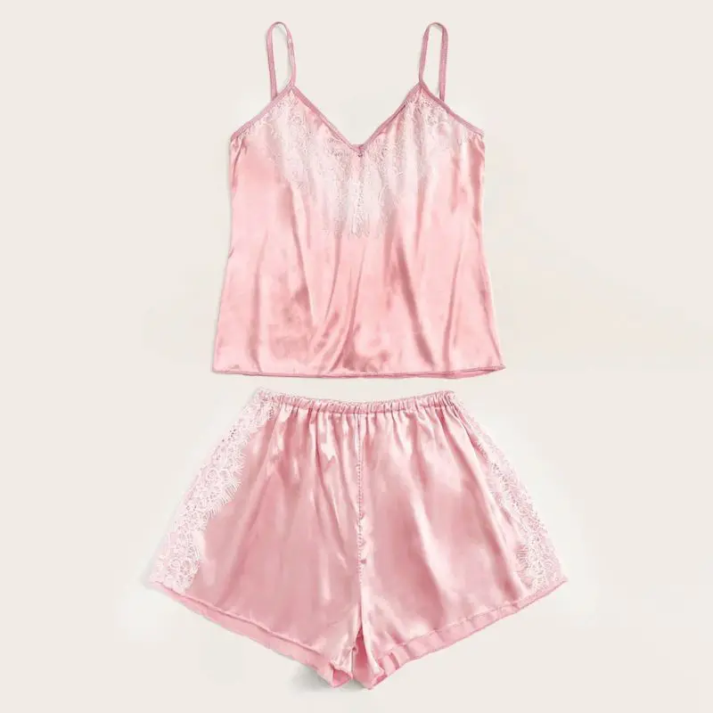 Женский розовый комплект нижнего белья с подтяжками пижама атласная Шелковая на