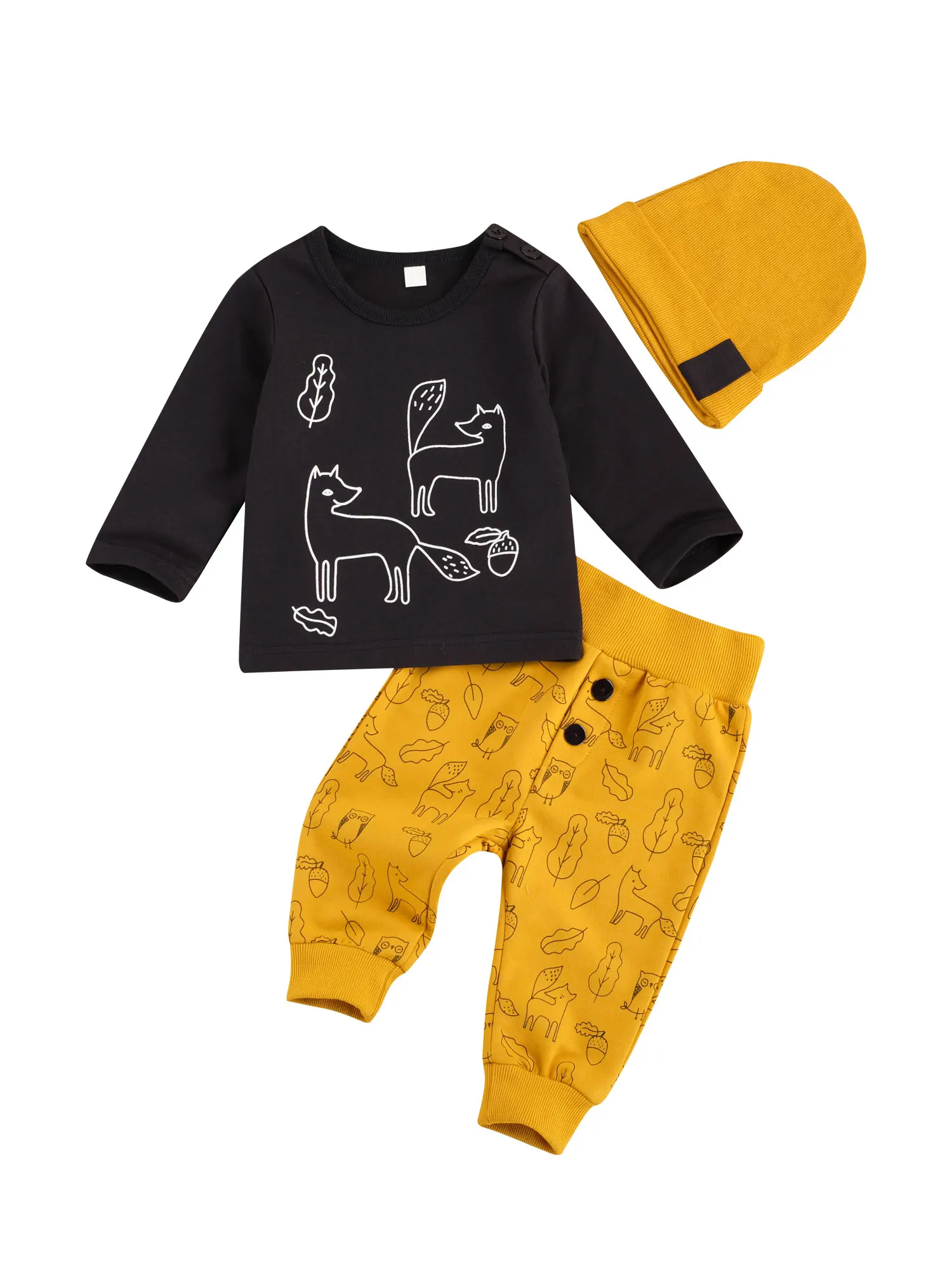 Children Long Sleeves Trouser Suit, Toddler Baby Girl Boys Fox Printed Clothes Set, Round Collar Outfits with Hat 3Pcs Outfit