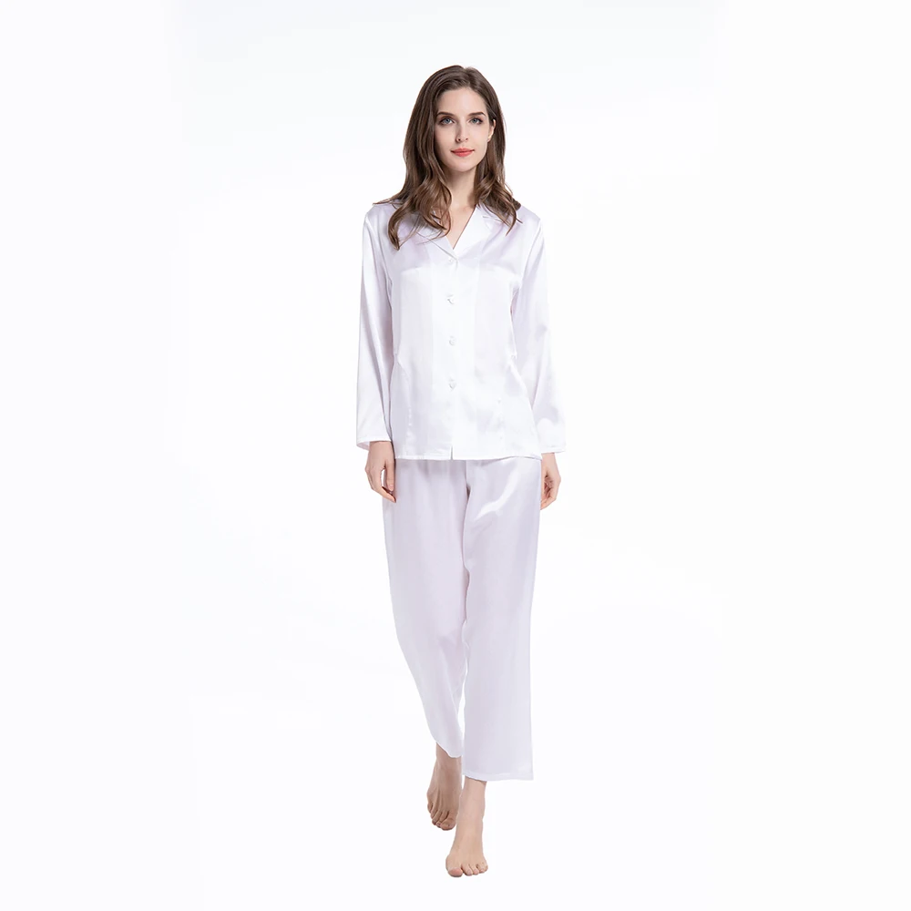 Women’s Clothing Mulberry Silk Pajama Set Long Full Length Ladies 19 Momme 100% Real Silk 2pc Pajama Set With Button Front