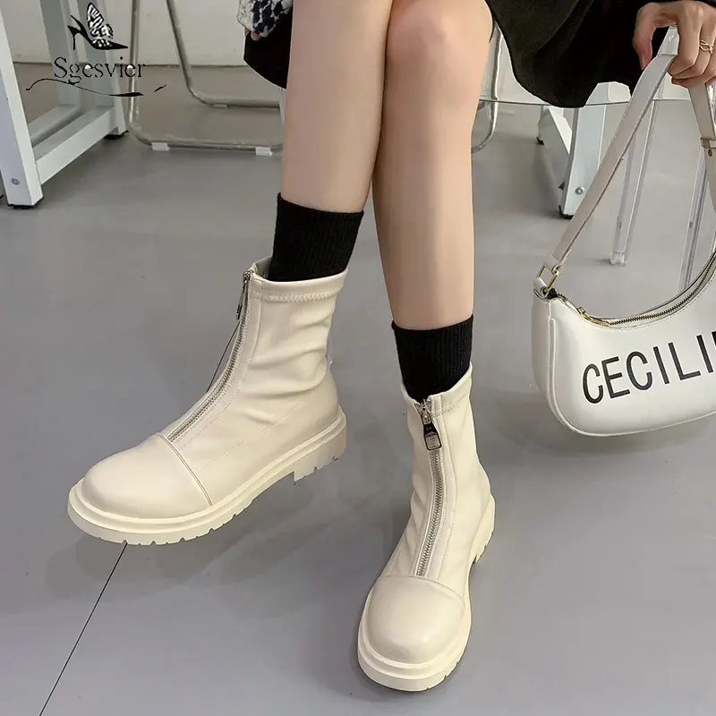

Sgesvier Front Zipper Martin Ankle Boots Women Natural Pu Leather White Boots Woman Dress Chunky Heels Platform Booties Shoes