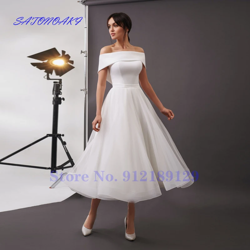 

Vestidos De Novia New Satin Short Beach Wedding Dress 2021 A-Line Off the Shoulder Boat Neck Ankle-Length Princess Bride Gowns