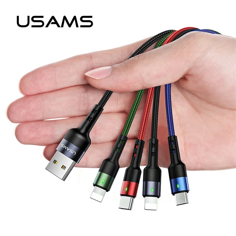 USAMS 4 в 1 3 в 1 мульти usb кабель зарядное устройство для iPhone samsung huawei xiaomi зарядный кабель системы освещения micro usb type-c - Цвет: 4 in 1 cable