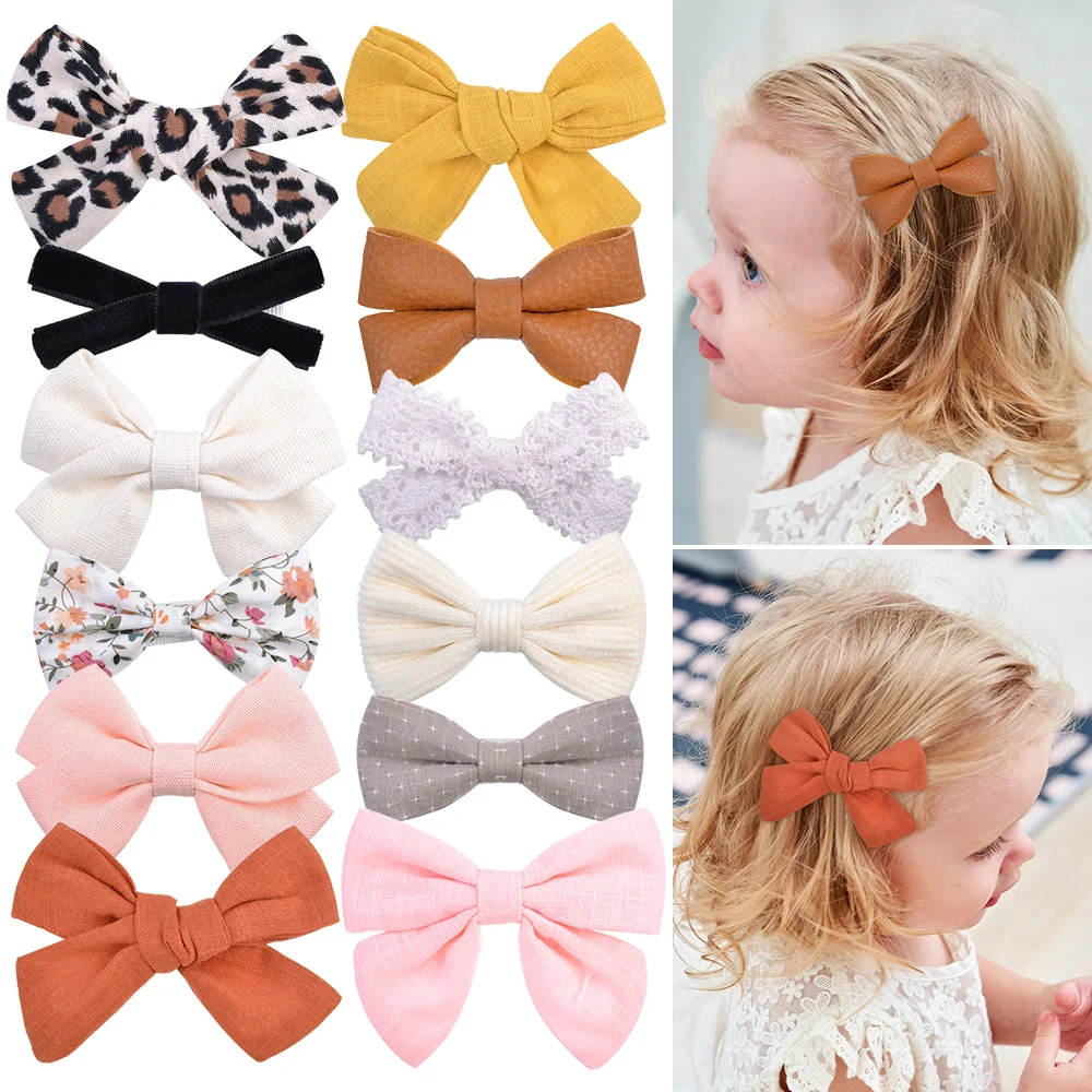 

3.5Inch Leopard Printed Hair Bows With Clip For Women Girls Solid Colors Cotton Hademade Hairpins Headwear Kids Hair Accessories