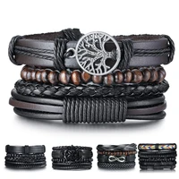 multilayer tree of life wristbands braided wrap leather bracelets for women mens wooden beads 4pcsset jewelry