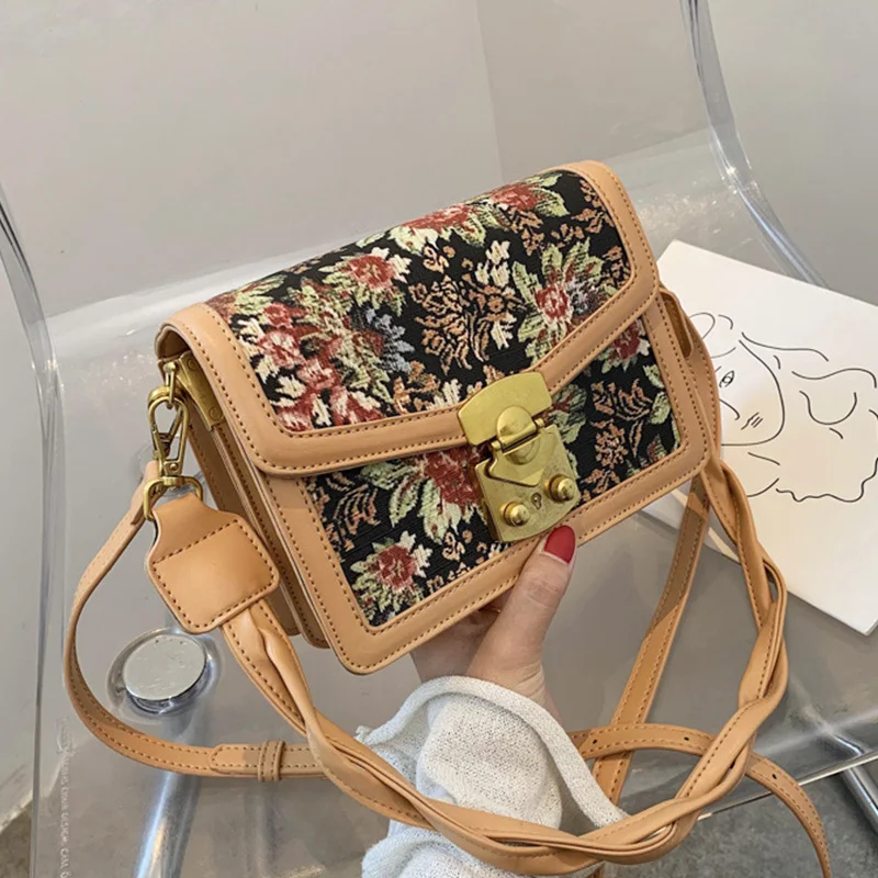 

Vintage Print Flap Bags Square Crossbody Bags For Women 2021 PU Leather Women's Designer Handbag Travel Shoulder Messenger Bag