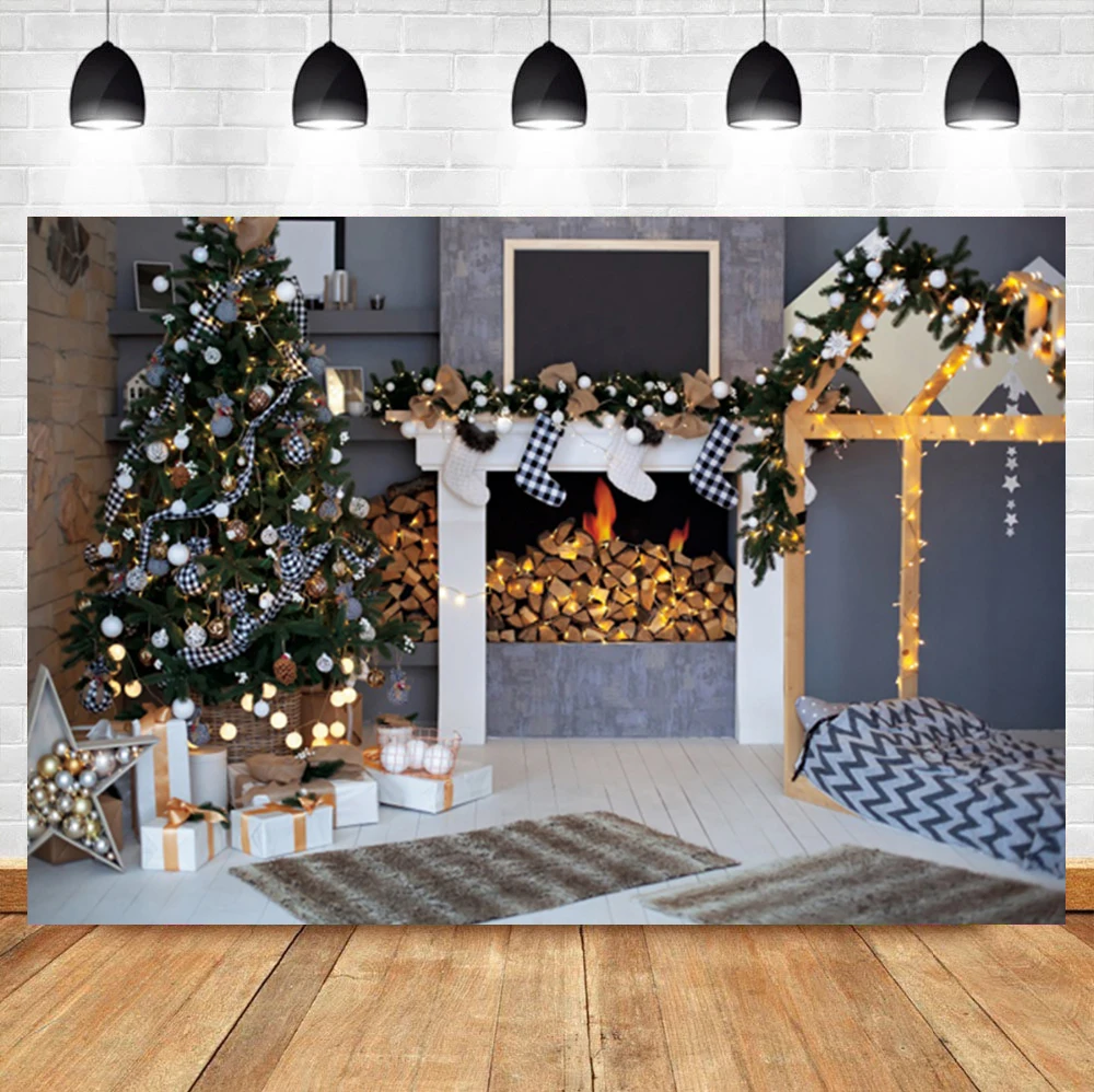 

Laeacco Christmas Tree Fireplace Wood Gifts Socks Carpet Baby Birthday Photo Background Photographic Backdrop For Photo Studio