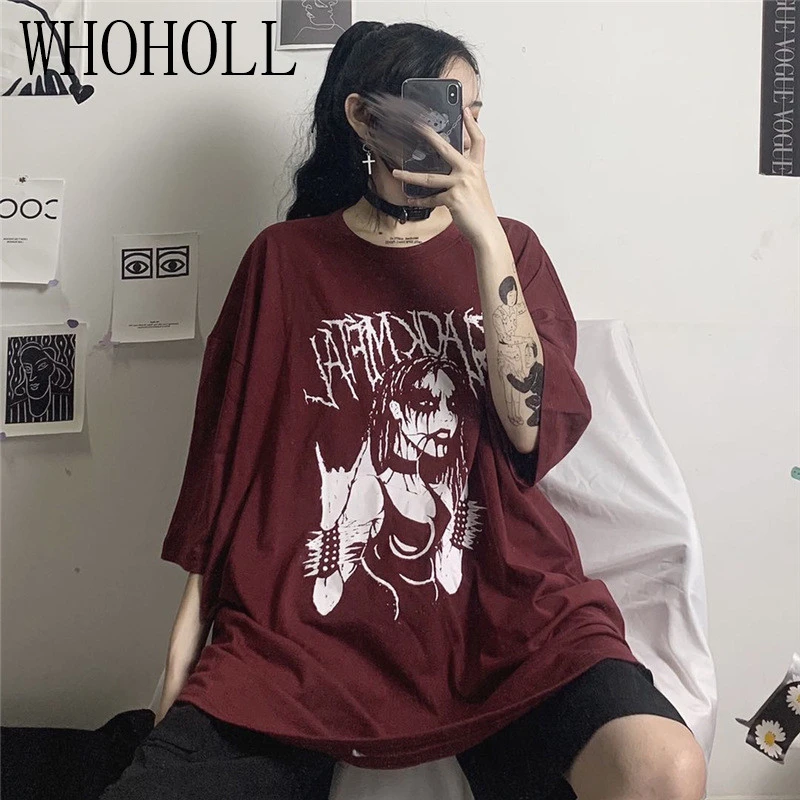 

WHOHOLL Darkness Style Women's Half Sleeve Tee Ins Dark Printing Casual Top Loose T-shirt Women Oversize Top Hip Hop Streetwear