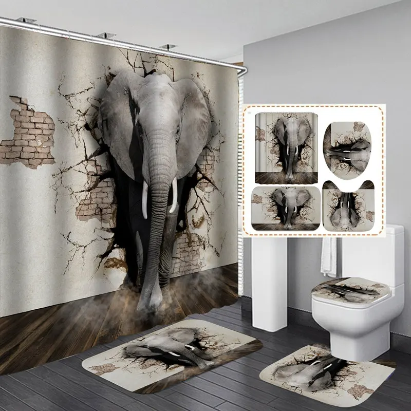

Grey Elephant Flannel Bath Mat Toilet Cover Rugs Fabric Shower Curtain With 12 Hooks Home Bathroom Decor Set