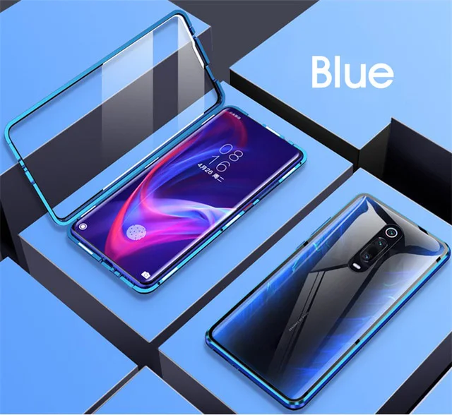 blue Металлический магнитный адсорбционный чехол для Xiao mi Red mi K20 Pro, двойное закаленное стекло, полный магнит, чехол s mi 9T Pro, чехол с подушкой безопасности s Global - Цвет: blue
