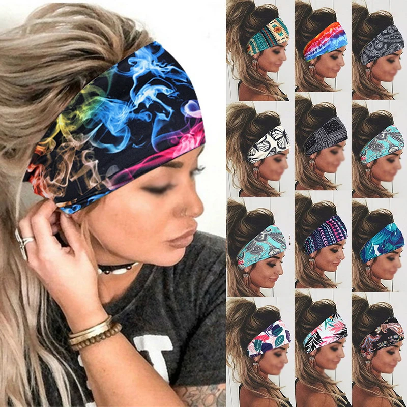 

Women Headpiece Stretch 2021 Turban Hair Accessories Headwear Run Bandage Print Bands Gym Headbands Running Wide Headwrap