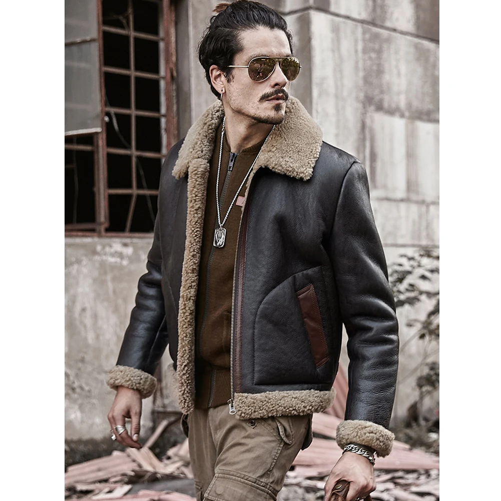 Шуба для мужчин из овечьей шерсти, черная куртка B3 "Бомбер", короткая кожа, новые зимние пальто с мехом.