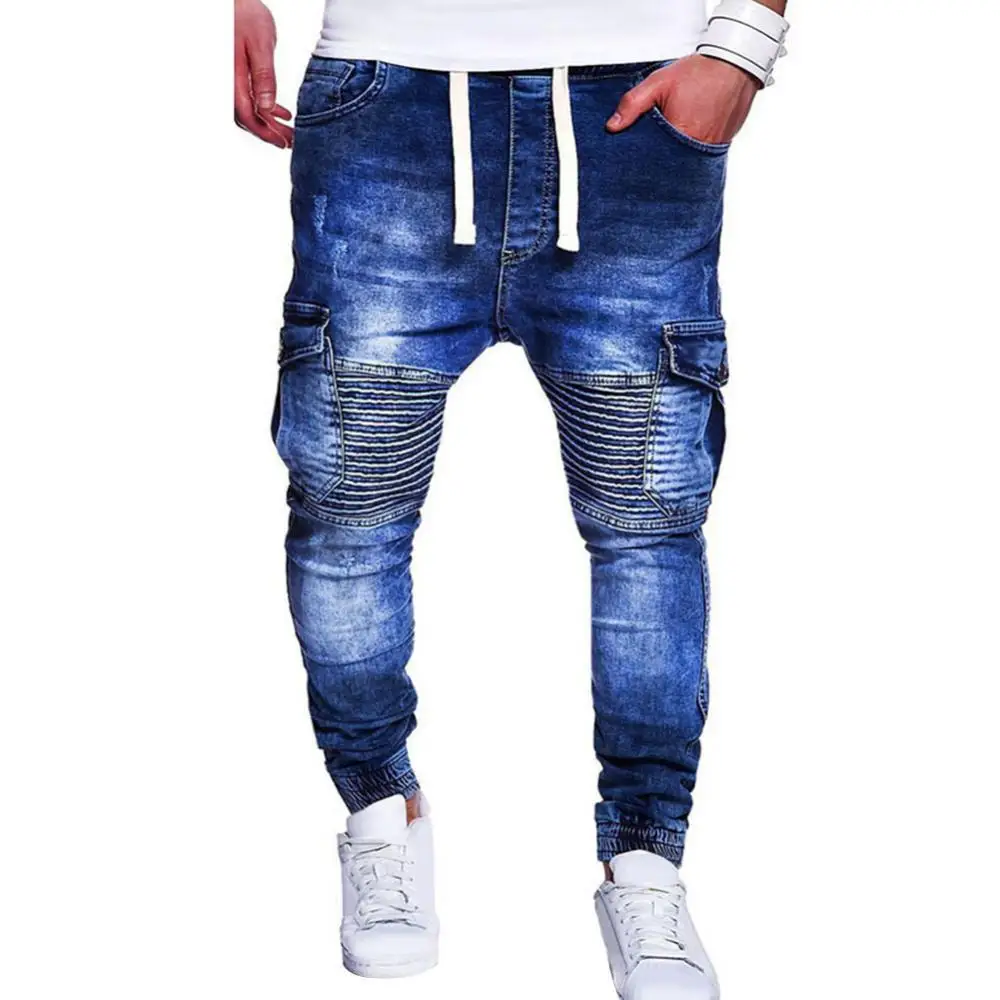 

Men Jeans Multiple Pocket Drawstring waistband Pleated Knee Slim Skinny Men Jeans Casual Streetwear Long Pants 2021